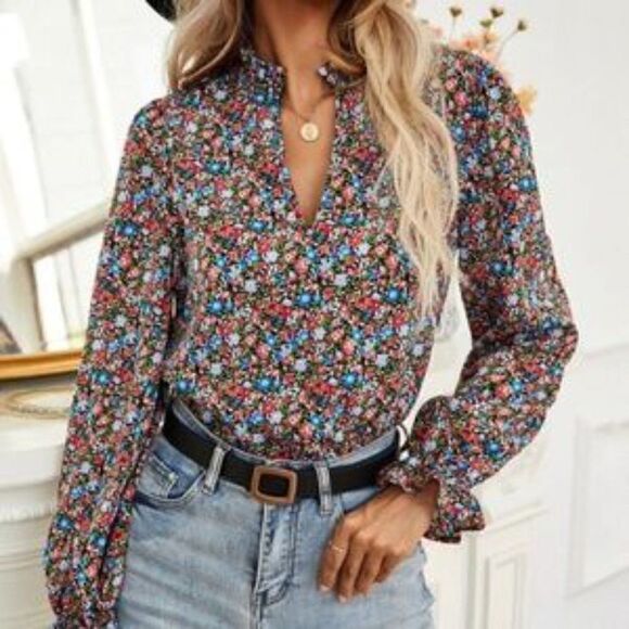 Boho Blue Pink Floral Ruffle Puff Sleeve Top - Picture 1 of 12